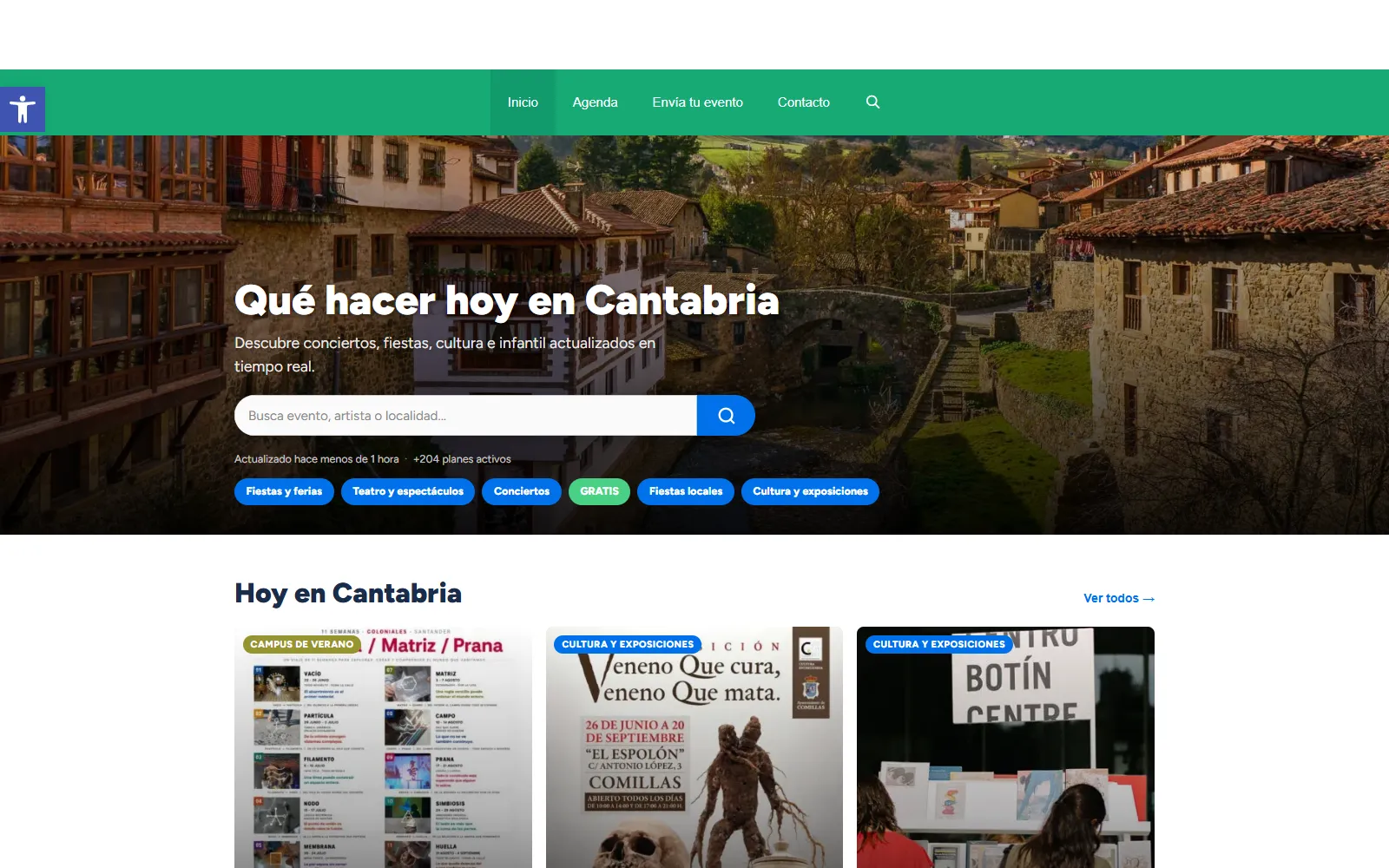 Captura de la portada de MiPlanHoy con buscador de eventos en Cantabria