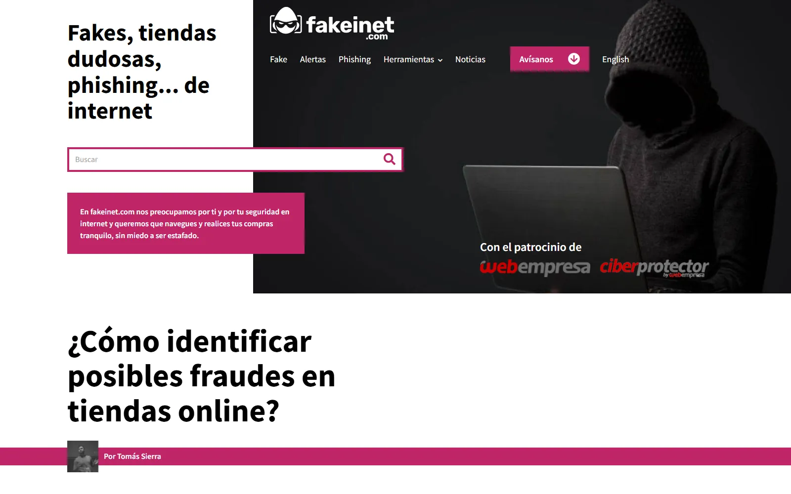 Captura de la portada de Fakeinet sobre detección de fraudes y tiendas dudosas